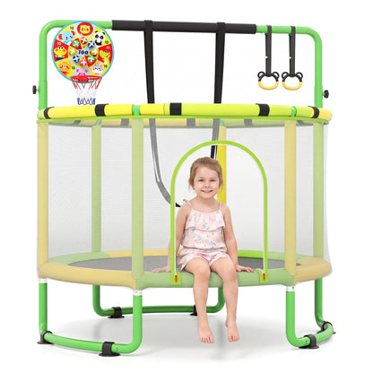 Green 60-inch 6-in-1 kids toddler trampoline with gymnastics bar, outdoor toys and hobbies for active play and bouncing fun.