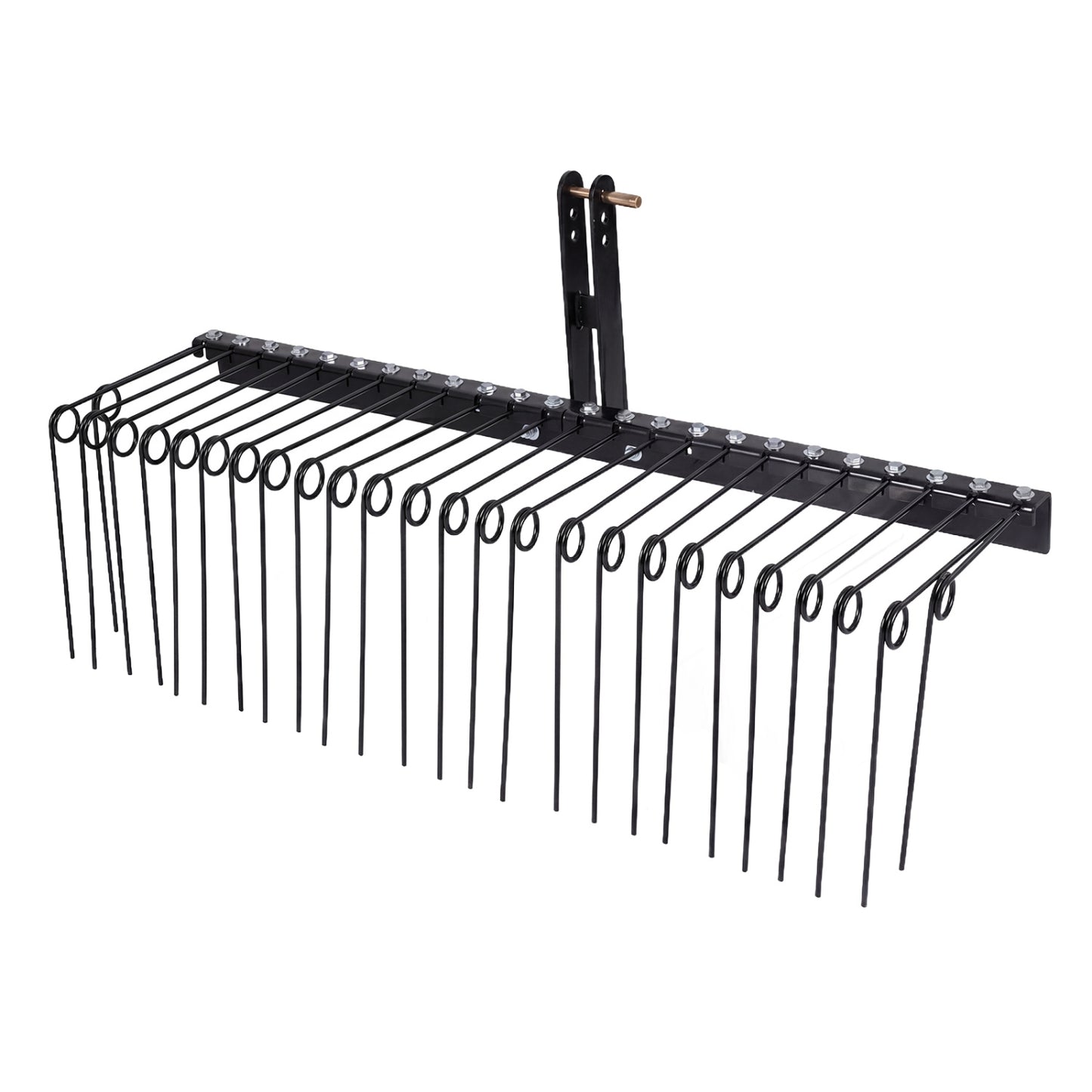 60-inch pine straw rake with 26 metal coil tines, black tow-behind landscape rake for outdoor lawn and garden care.