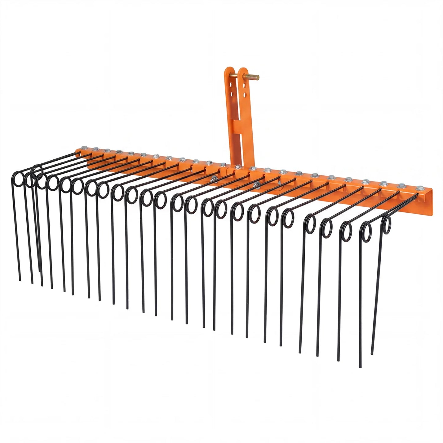 Black 60-inch pine straw rake with 26 metal coil tines, tow behind landscape tool for lawn and garden care.