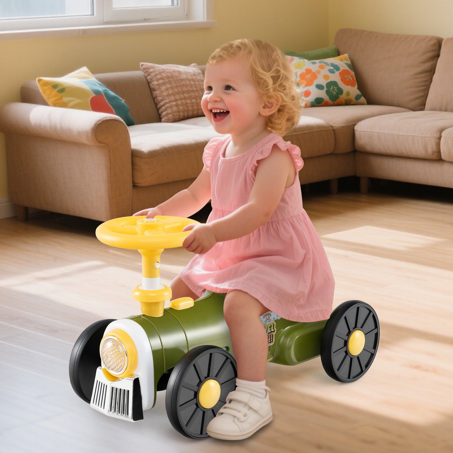Ride on Toy with Steering Wheel and Train Whistle Sound Button-Beige