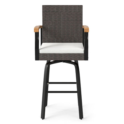 Set of 4 Outdoor 360° Swivel Bar Stool with Cushion and Acacia Wood Armrests