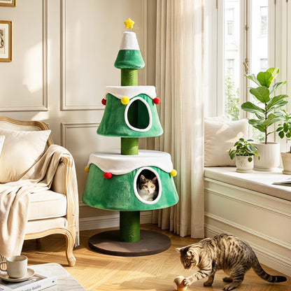 61.5" Cat Christmas Tree for Indoor Kittens with 2 Large Condos Star Spring Toy and Decorative Balls-Green