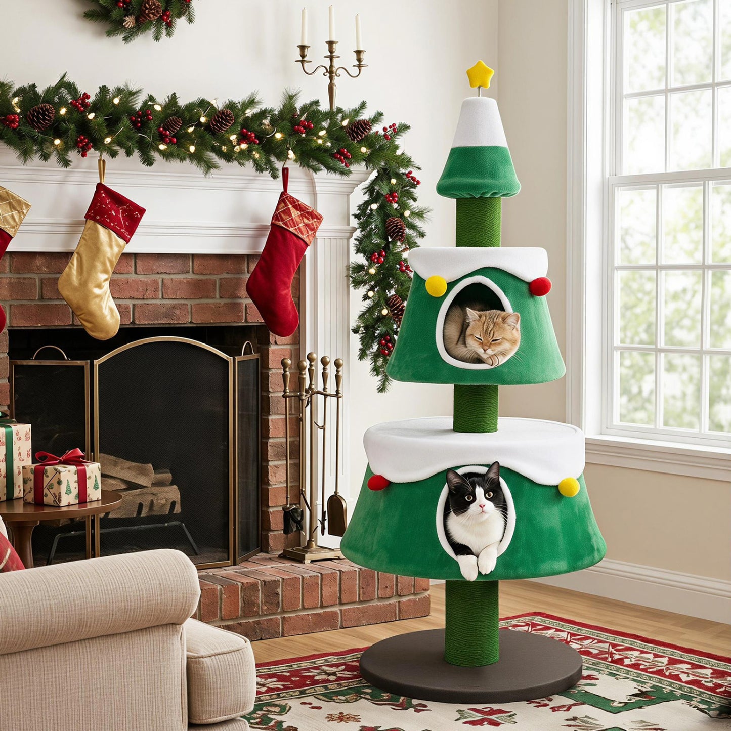 61.5" Cat Christmas Tree for Indoor Kittens with 2 Large Condos Star Spring Toy and Decorative Balls-Green