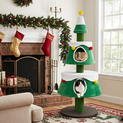 61.5" Cat Christmas Tree for Indoor Kittens with 2 Large Condos Star Spring Toy and Decorative Balls-Green