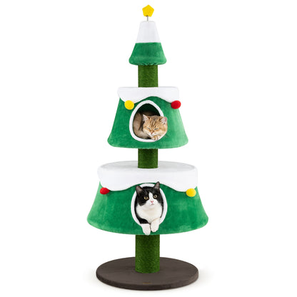 61.5" Cat Christmas Tree for Indoor Kittens with 2 Large Condos Star Spring Toy and Decorative Balls-Green