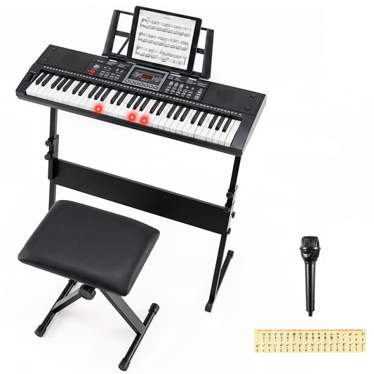 Black 61-key beginner keyboard piano with stand, stool, and lighted keys, ideal for learning and practicing musical skills.