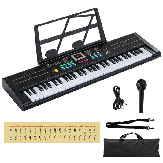 Black 61-key kids piano keyboard with microphone and music stand, suitable for children’s musical play and learning.