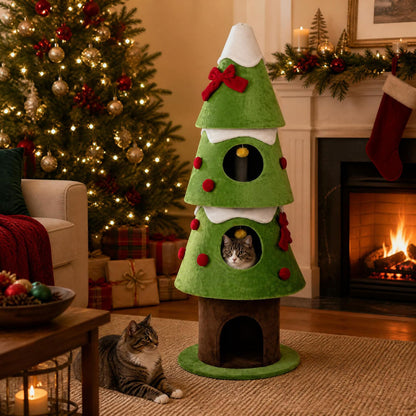 62" Christmas Cat Tree with 3 Cozy Condos and 2 Hanging Balls-Green