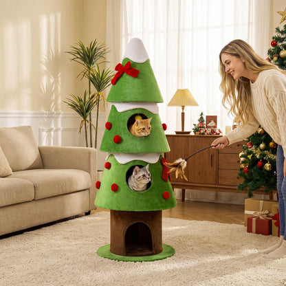 62" Christmas Cat Tree with 3 Cozy Condos and 2 Hanging Balls-Green