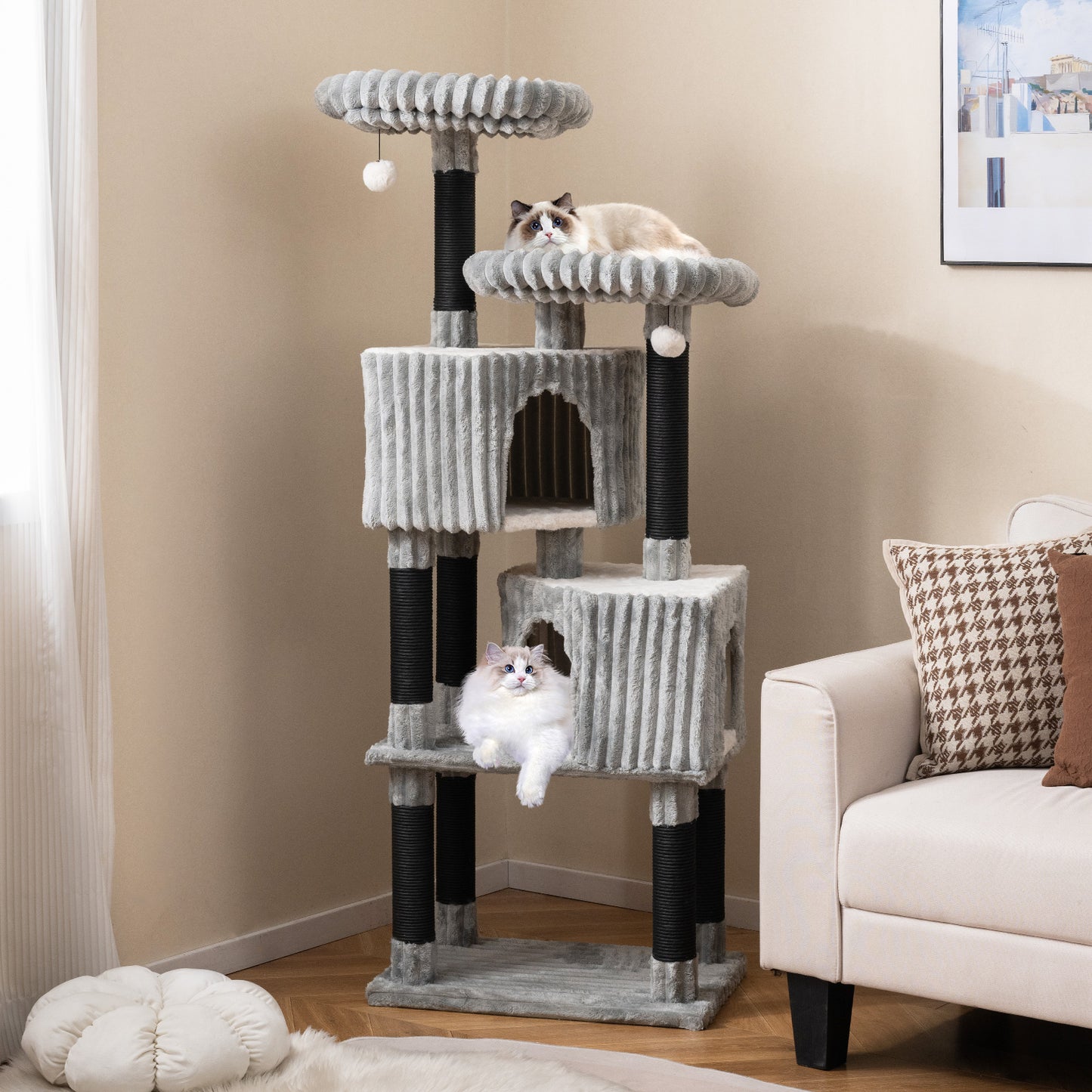 62 Inch Tall Cat Tower with Scratching Posts and Soft Flannel Covering-LG