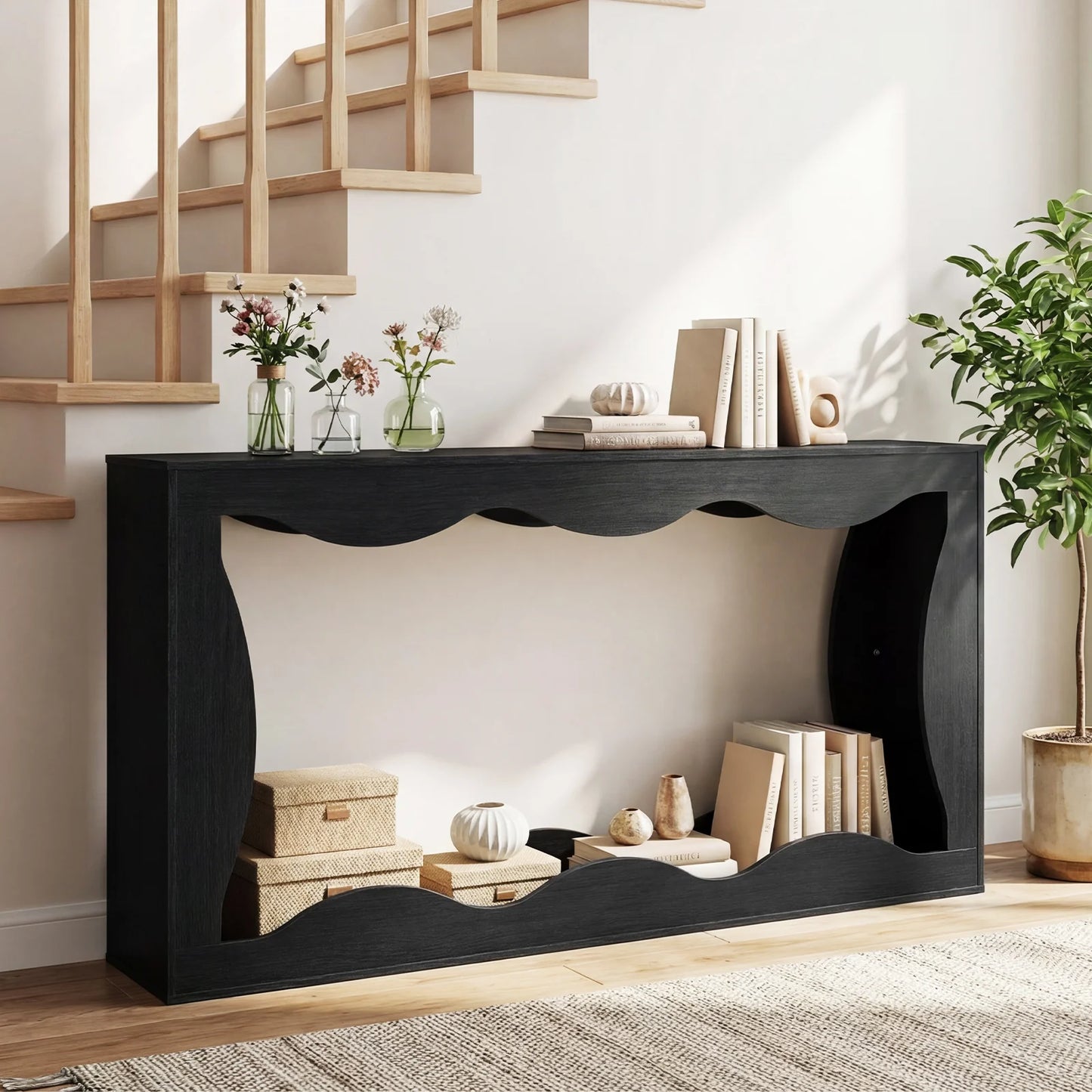 63 Inch Console Table 2-Tier Narrow Entryway Table with Wavy Edge Storage Shelf-Black