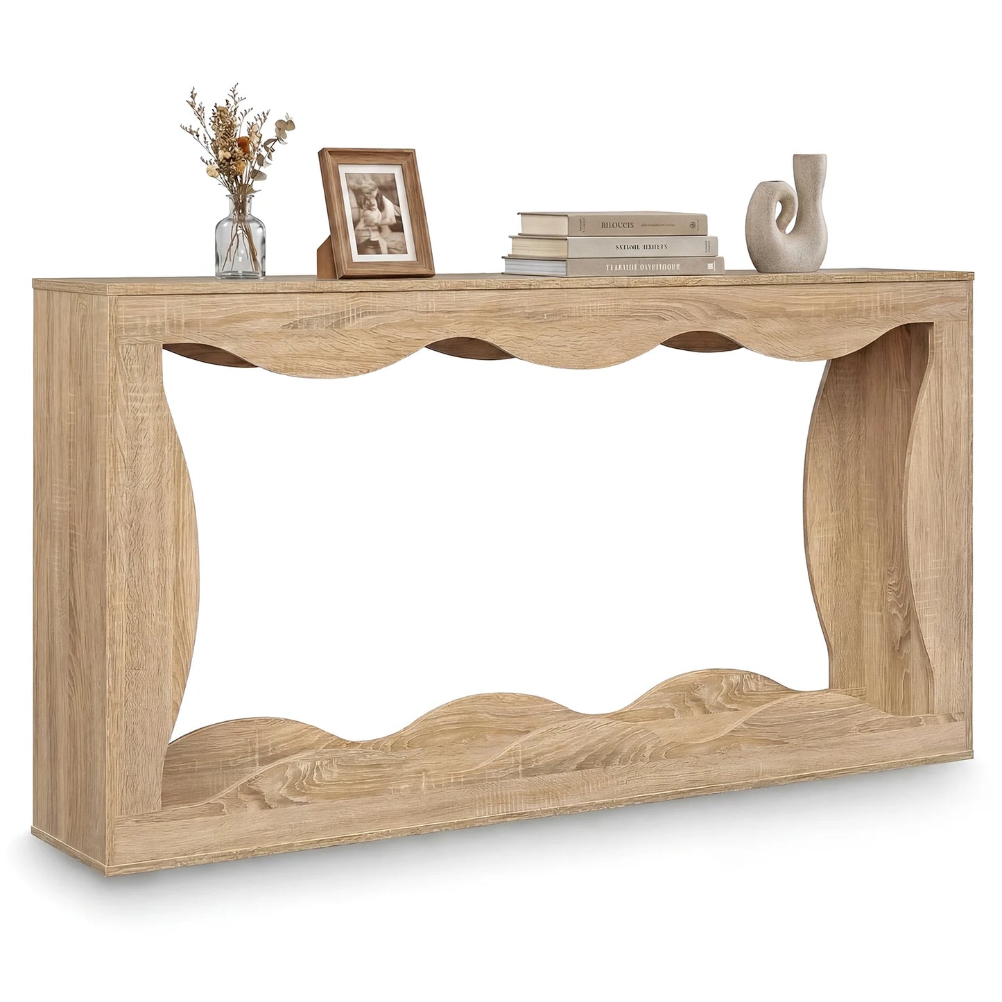 63 Inch Console Table 2-Tier Narrow Entryway Table with Wavy Edge Storage Shelf-Black