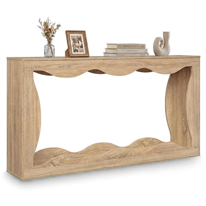 63 Inch Console Table 2-Tier Narrow Entryway Table with Wavy Edge Storage Shelf-Black