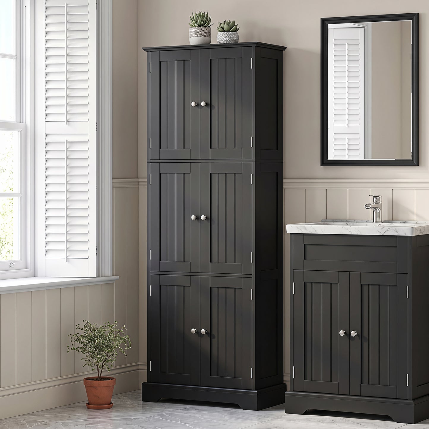 63 Inch Tall Bathroom Storage Cabinet with 6 Doors and Adjustable Shelves-Black