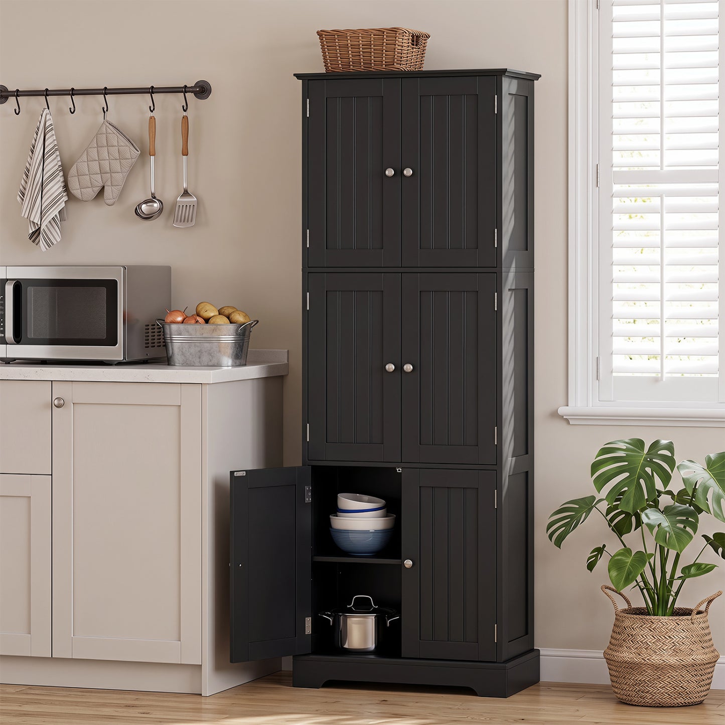 63 Inch Tall Bathroom Storage Cabinet with 6 Doors and Adjustable Shelves-Black