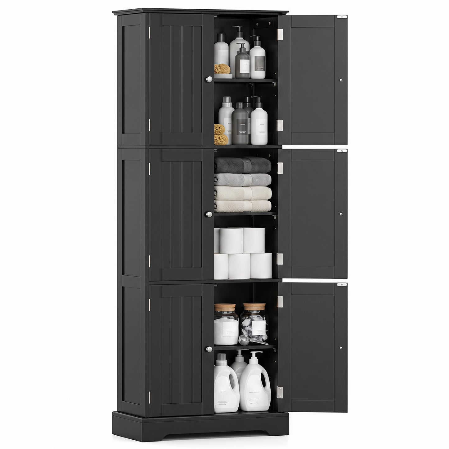 63 Inch Tall Bathroom Storage Cabinet with 6 Doors and Adjustable Shelves-Black
