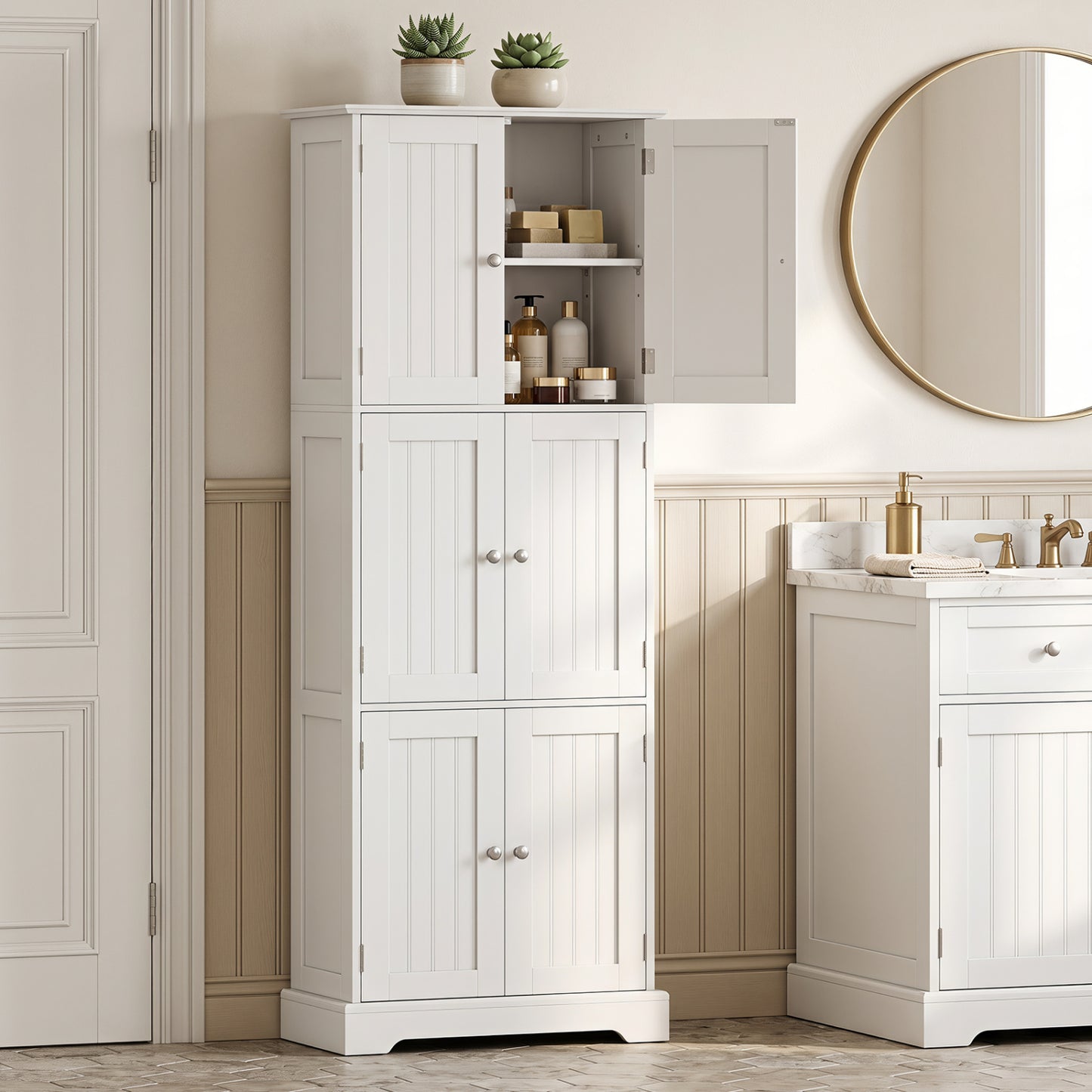 63 Inch Tall Bathroom Storage Cabinet with 6 Doors and Adjustable Shelves-Black