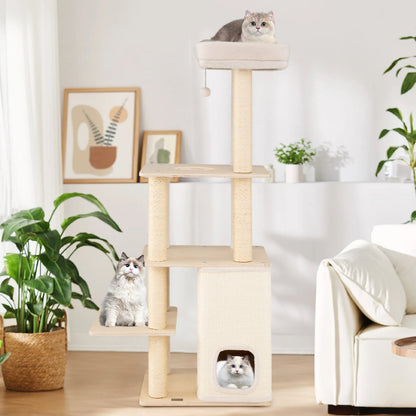 63 Inch Tall Wooden Cat Tree with 2-Story Condo and Plush Padded Top Perch-NA