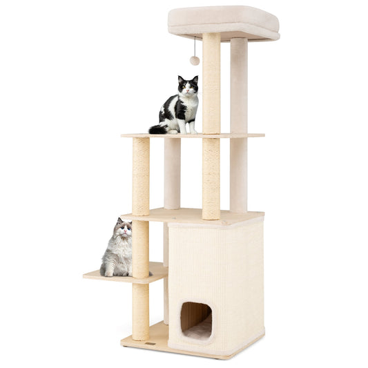 63 Inch Tall Wooden Cat Tree with 2-Story Condo and Plush Padded Top Perch-NA