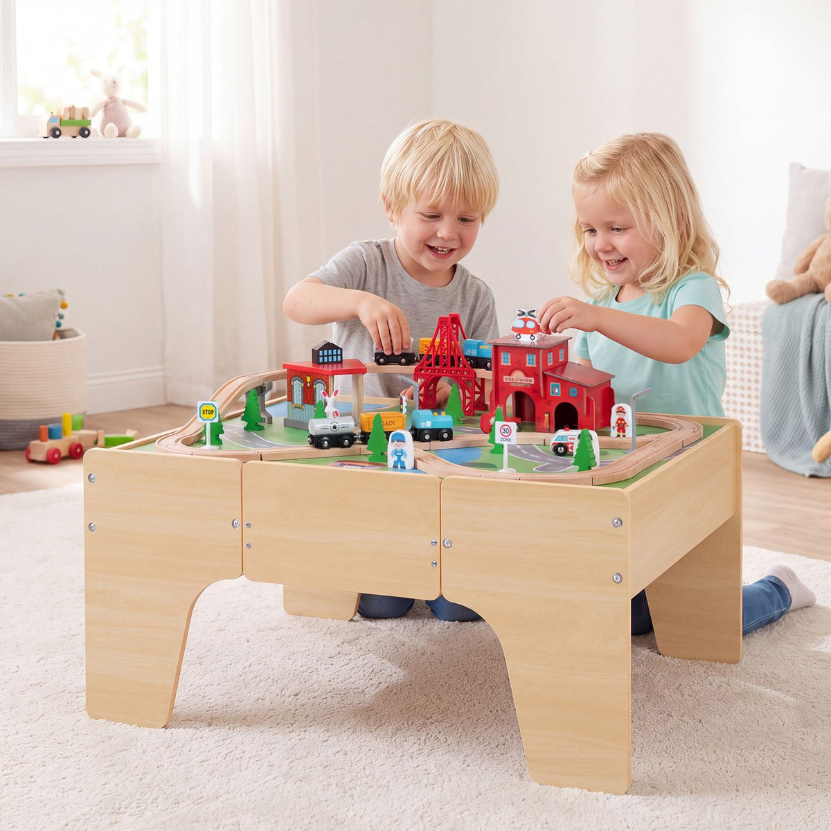 63 Piece Kids Train Table with Storage Drawer and Reversible Tabletop-Natural