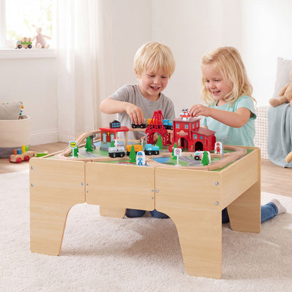 63 Piece Kids Train Table with Storage Drawer and Reversible Tabletop-Natural
