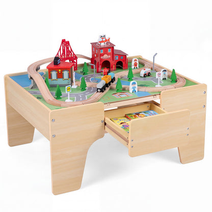 63 Piece Kids Train Table with Storage Drawer and Reversible Tabletop-Natural