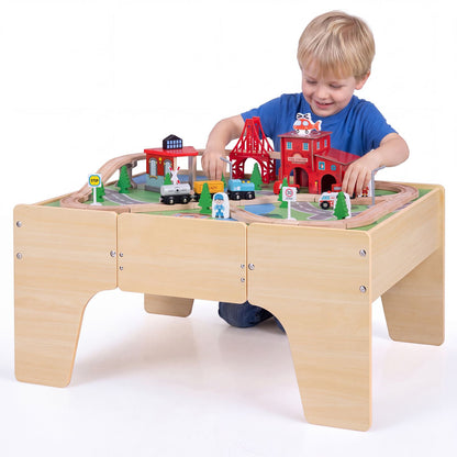 63 Piece Kids Train Table with Storage Drawer and Reversible Tabletop-Natural