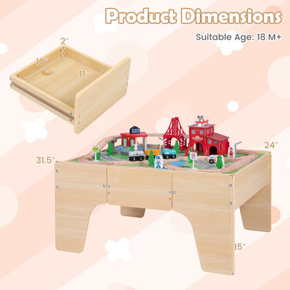 63 Piece Kids Train Table with Storage Drawer and Reversible Tabletop-Natural