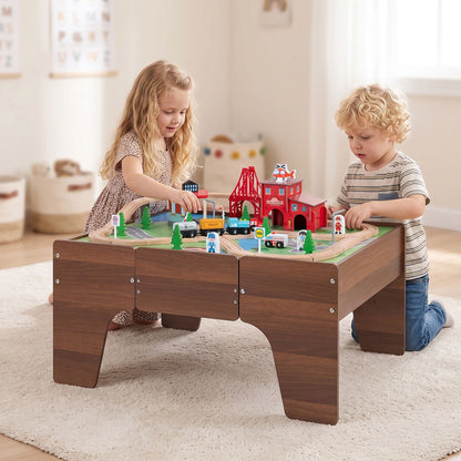 63 Piece Kids Train Table with Storage Drawer and Reversible Tabletop-Natural