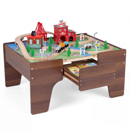63 Piece Kids Train Table with Storage Drawer and Reversible Tabletop-Natural