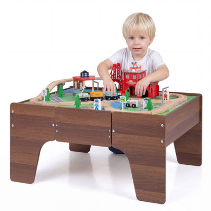 63 Piece Kids Train Table with Storage Drawer and Reversible Tabletop-Natural