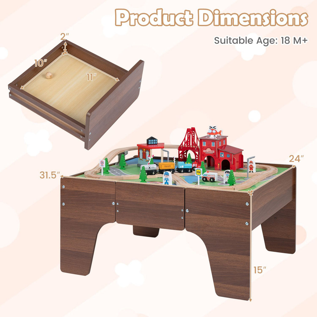 63 Piece Kids Train Table with Storage Drawer and Reversible Tabletop-Natural