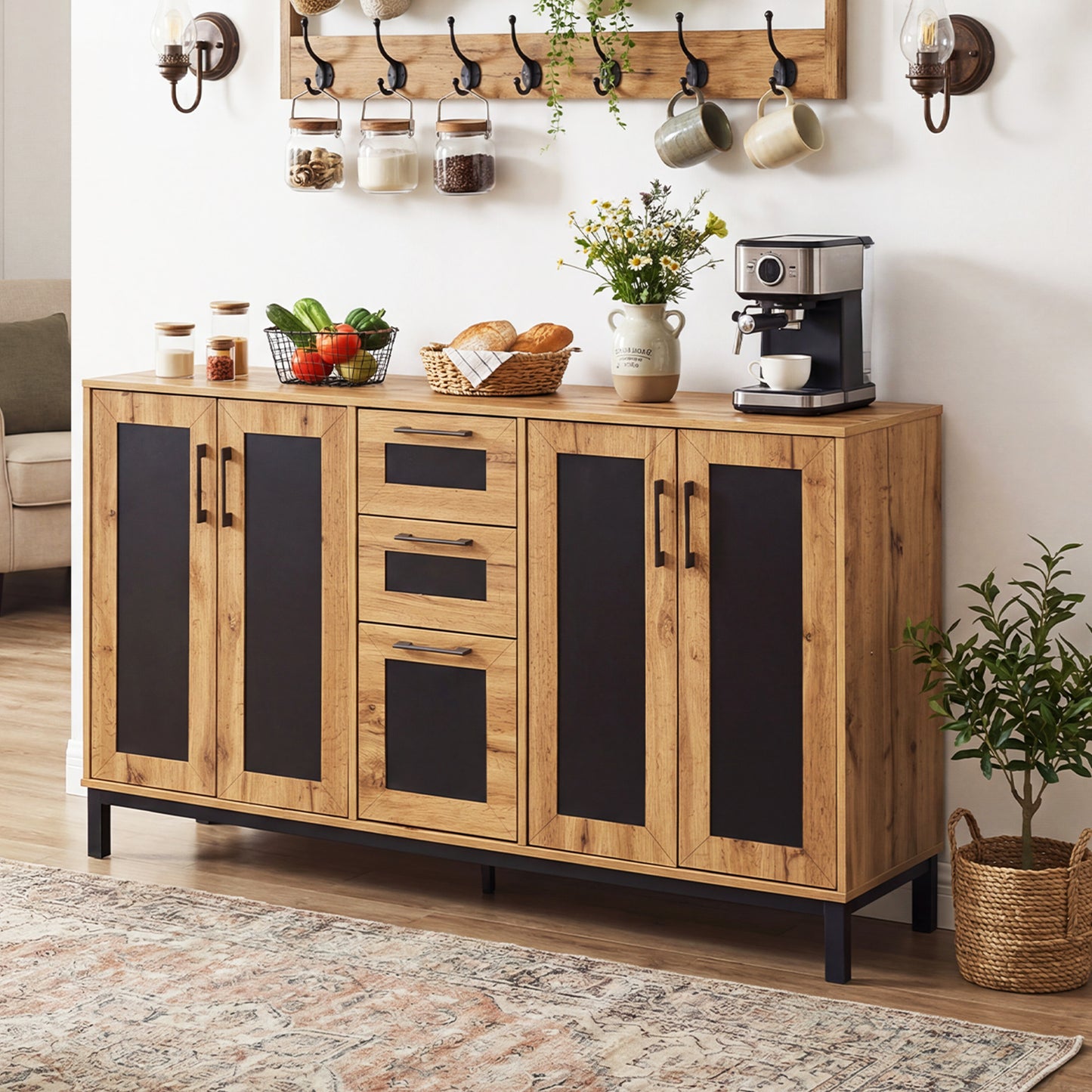 63" Sideboard Buffet Cabinet with 3 Drawers and Storage Shelves-Natural