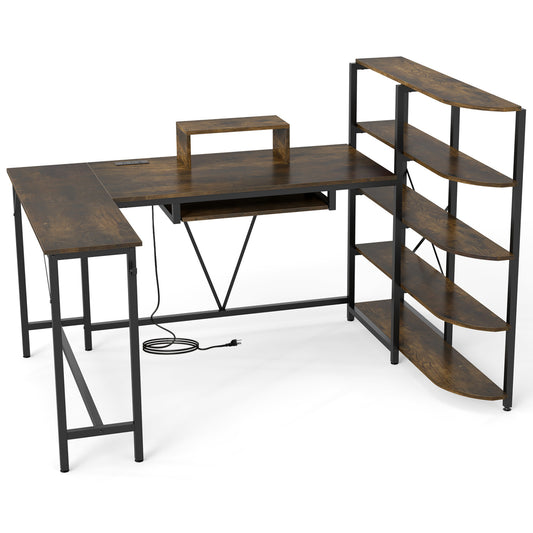 Rustic brown 63-inch U-shaped computer desk with power outlets, 5-tier bookshelf, and keyboard tray, perfect for home office use.