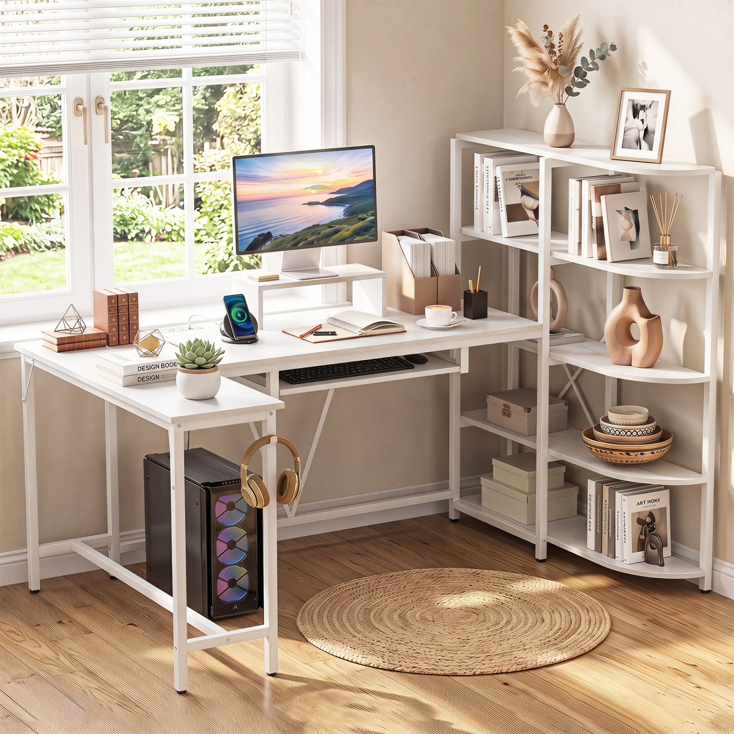 63" U-shaped Computer Desk with Power Outlets 5-Tier Bookshelf and Keyboard Tray-Rustic Brown