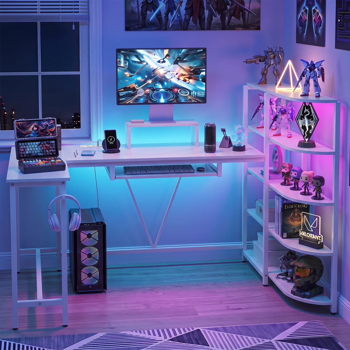 63" U-shaped Computer Desk with Power Outlets 5-Tier Bookshelf and Keyboard Tray-Rustic Brown