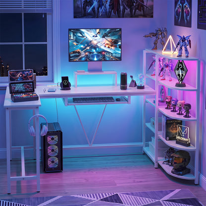 63" U-shaped Computer Desk with Power Outlets 5-Tier Bookshelf and Keyboard Tray-Rustic Brown