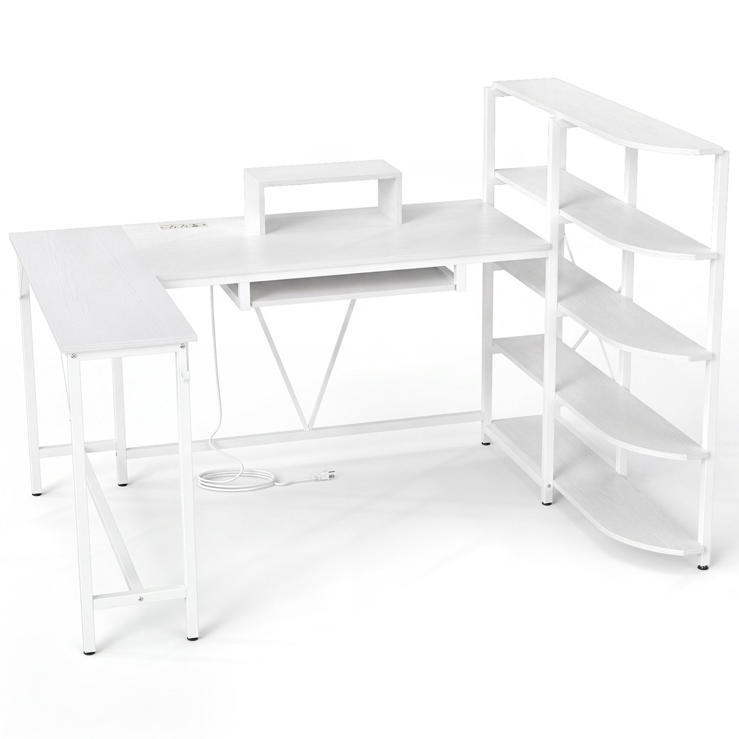 63" U-shaped Computer Desk with Power Outlets 5-Tier Bookshelf and Keyboard Tray-Rustic Brown