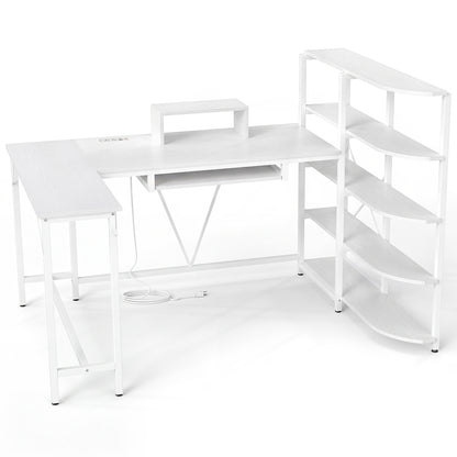 63" U-shaped Computer Desk with Power Outlets 5-Tier Bookshelf and Keyboard Tray-Rustic Brown