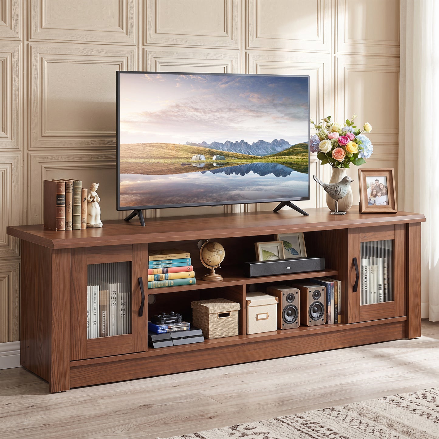 63” Wooden Farmhouse TV Stand for 70" TVs with 2 Fluted Doors and 3 Open Compartments-Brown