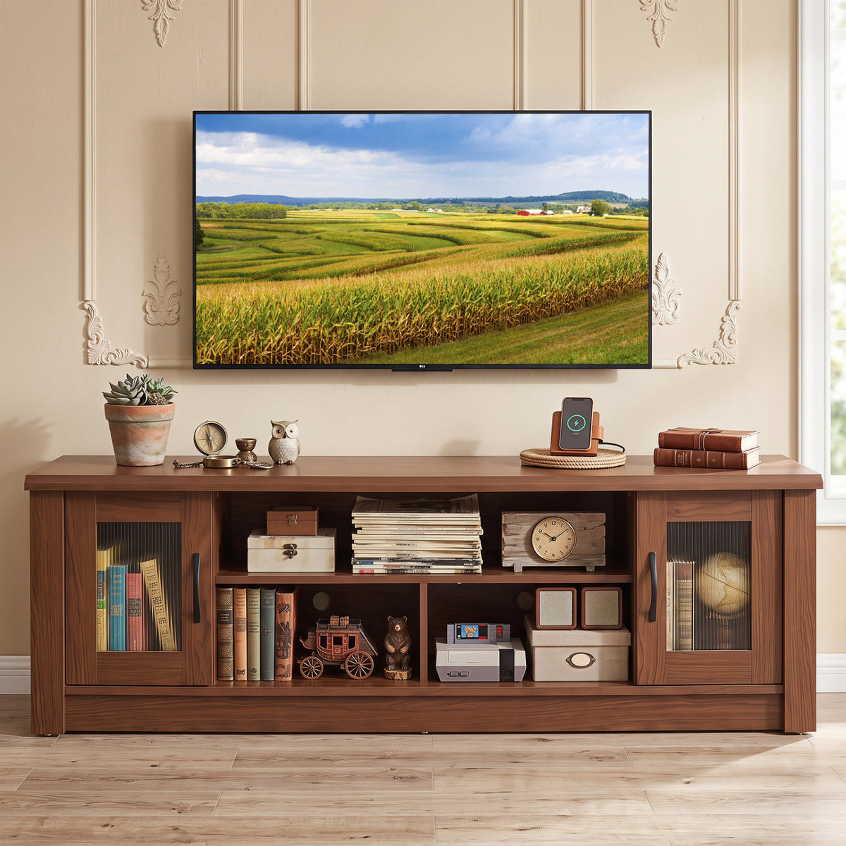 63” Wooden Farmhouse TV Stand for 70" TVs with 2 Fluted Doors and 3 Open Compartments-Brown