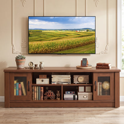 63” Wooden Farmhouse TV Stand for 70" TVs with 2 Fluted Doors and 3 Open Compartments-Brown