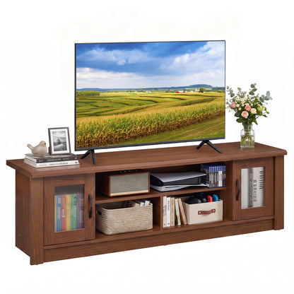 63” Wooden Farmhouse TV Stand for 70" TVs with 2 Fluted Doors and 3 Open Compartments-Brown