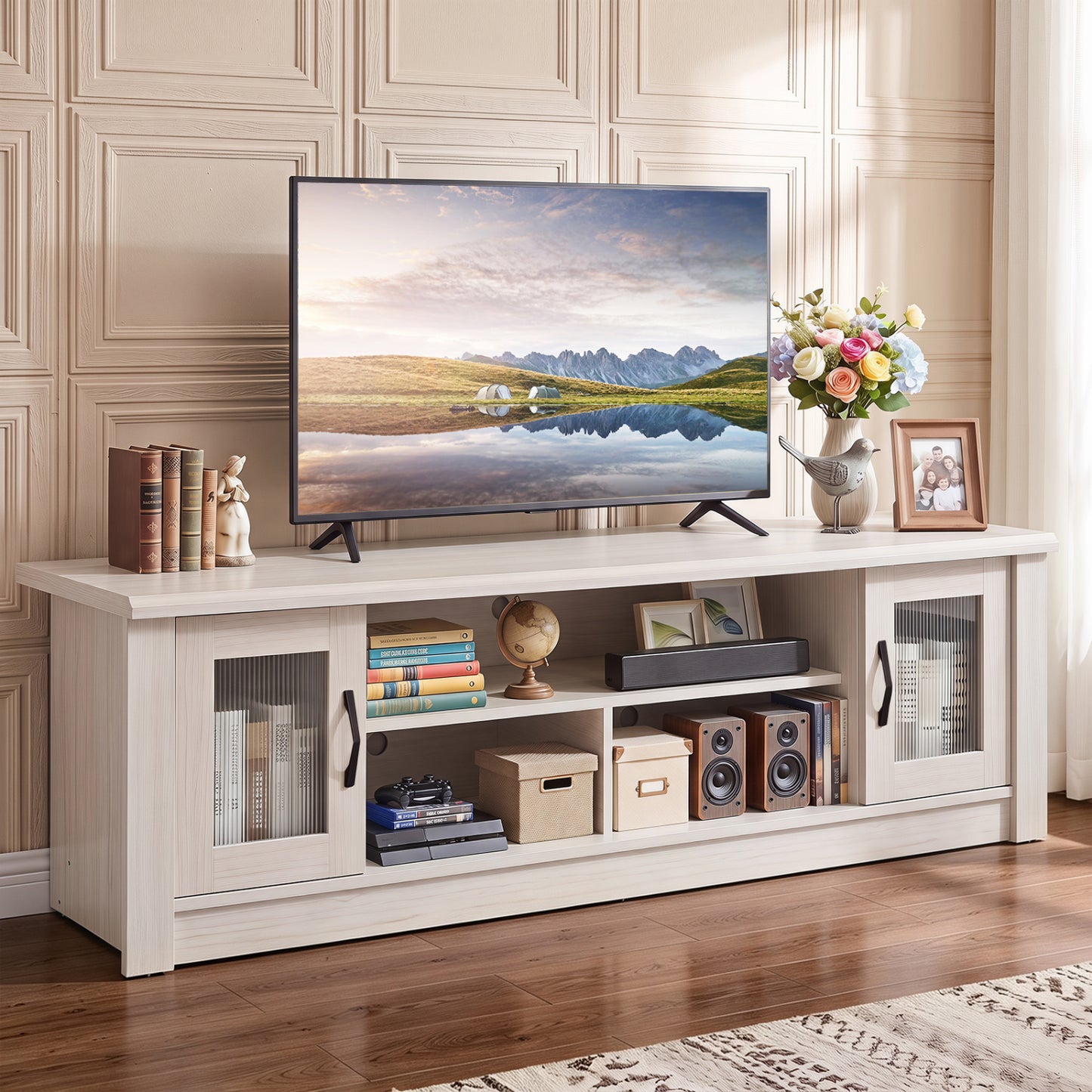 63” Wooden Farmhouse TV Stand for 70" TVs with 2 Fluted Doors and 3 Open Compartments-Brown