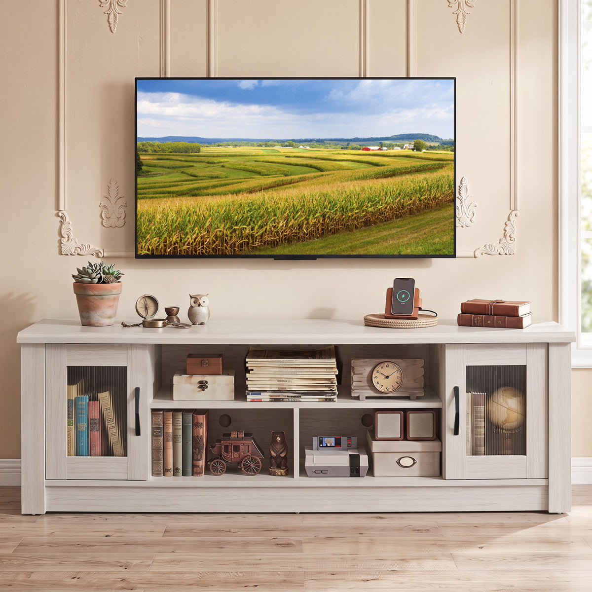 63” Wooden Farmhouse TV Stand for 70" TVs with 2 Fluted Doors and 3 Open Compartments-Brown