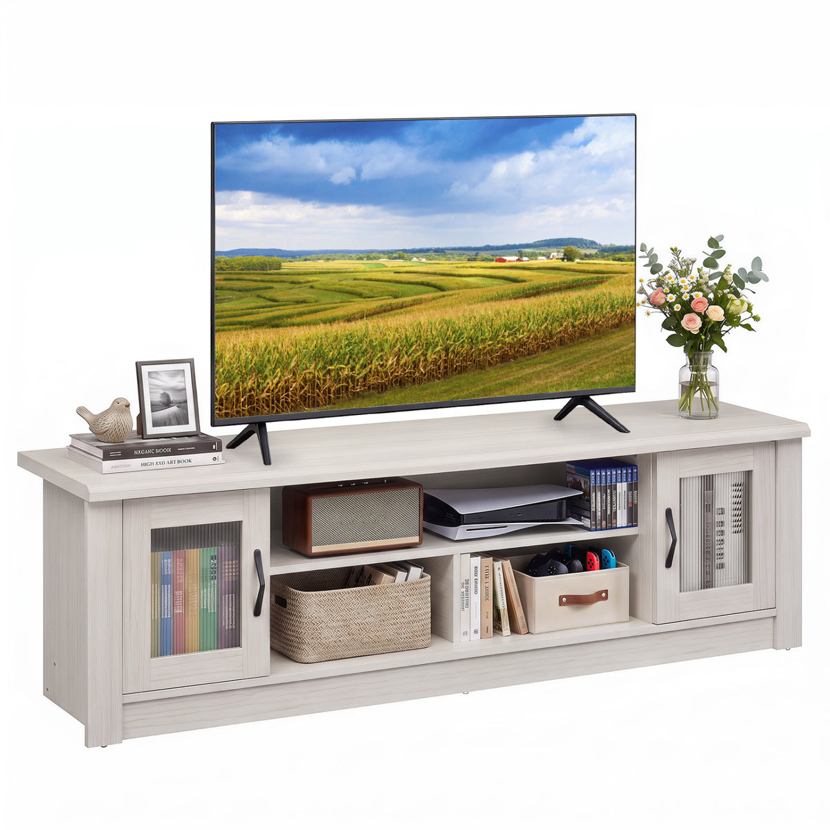 63” Wooden Farmhouse TV Stand for 70" TVs with 2 Fluted Doors and 3 Open Compartments-Brown