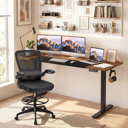 Height adjustable 63x24 inch Wilsons Home Store sit-stand computer desk with 3 memory presets in a natural finish.