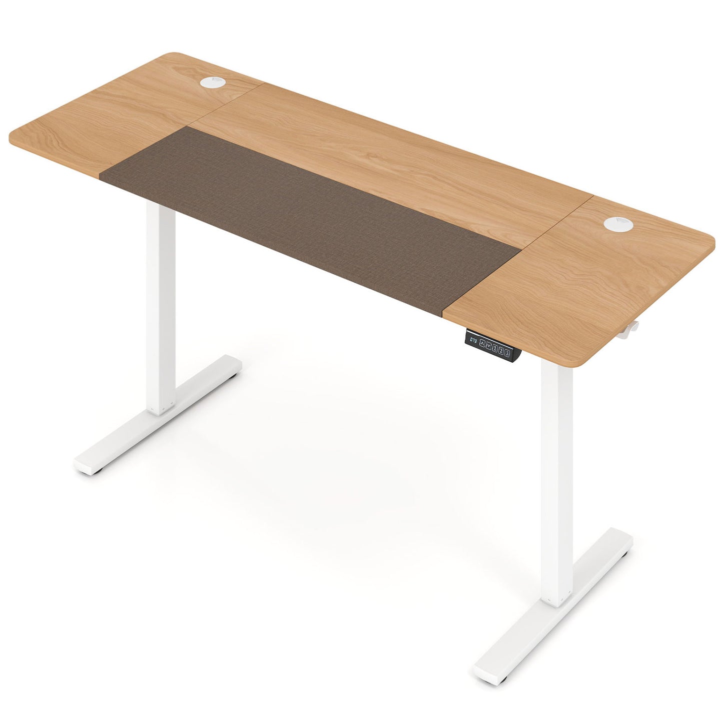 Height adjustable 63x24 inch computer desk with 3 memory presets, natural finish, ideal for home office and ergonomic workspaces.