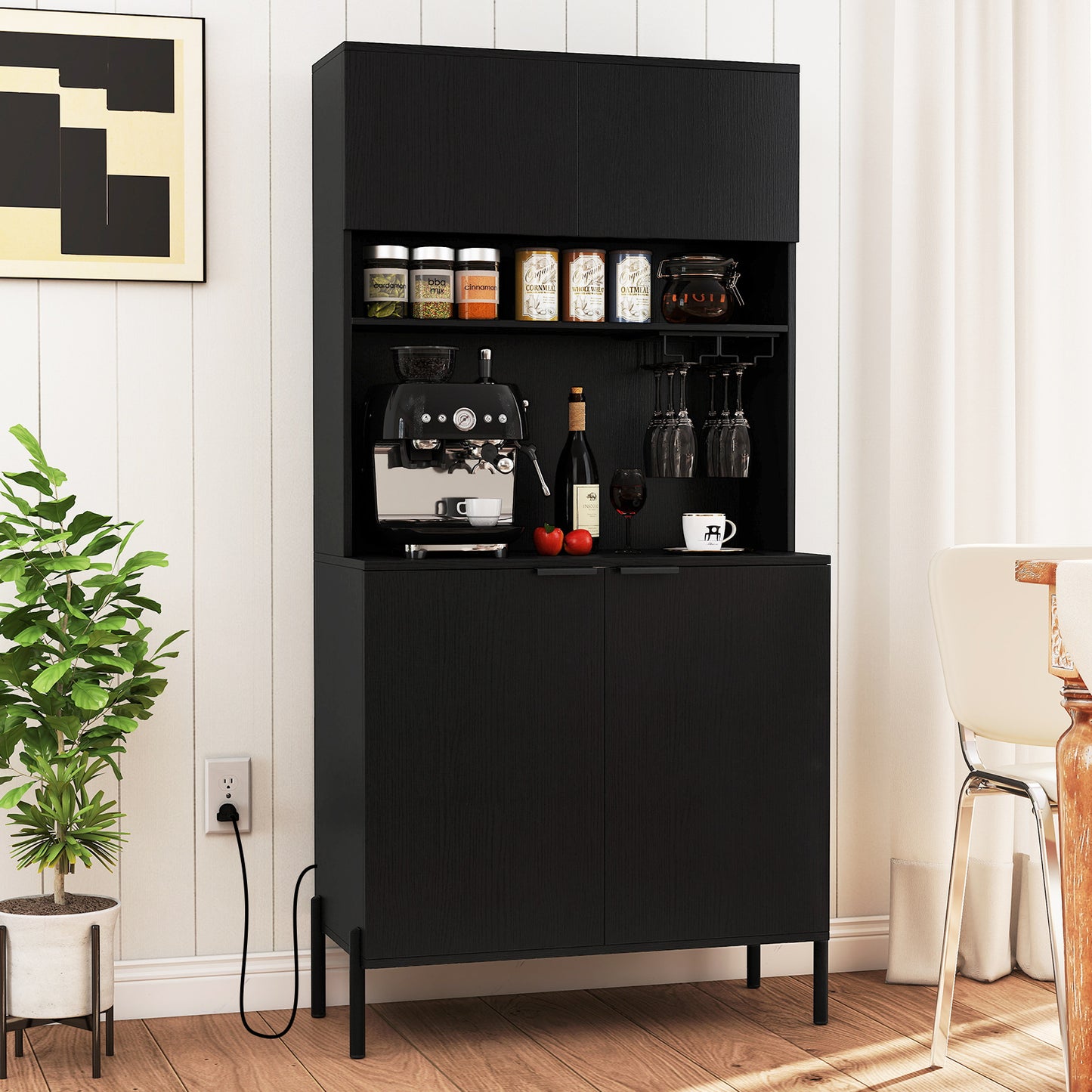 64.5 Inches Tall Kitchen Pantry Cabinet with Charging Station and Wine Glass Rack-Black