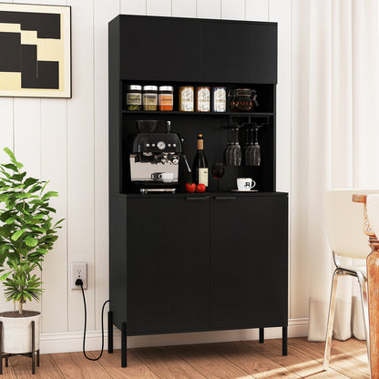 64.5 Inches Tall Kitchen Pantry Cabinet with Charging Station and Wine Glass Rack-Black